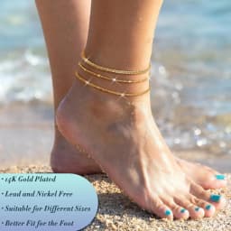Layered Ankle Bracelets for Women Waterproof 14K Gold Plated Cuban Figaro Link Chain Beaded Anklets Set Dainty Foot Jewelry
