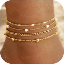 Layered Ankle Bracelets for Women Waterproof 14K Gold Plated Cuban Figaro Link Chain Beaded Anklets Set Dainty Foot Jewelry
