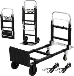 2 in 1 Folding Hand Truck with 4 Wheels and Elastic StrapsSolid Construction Utility Cart Roller Shopping for Home Warehouse Office & Moving