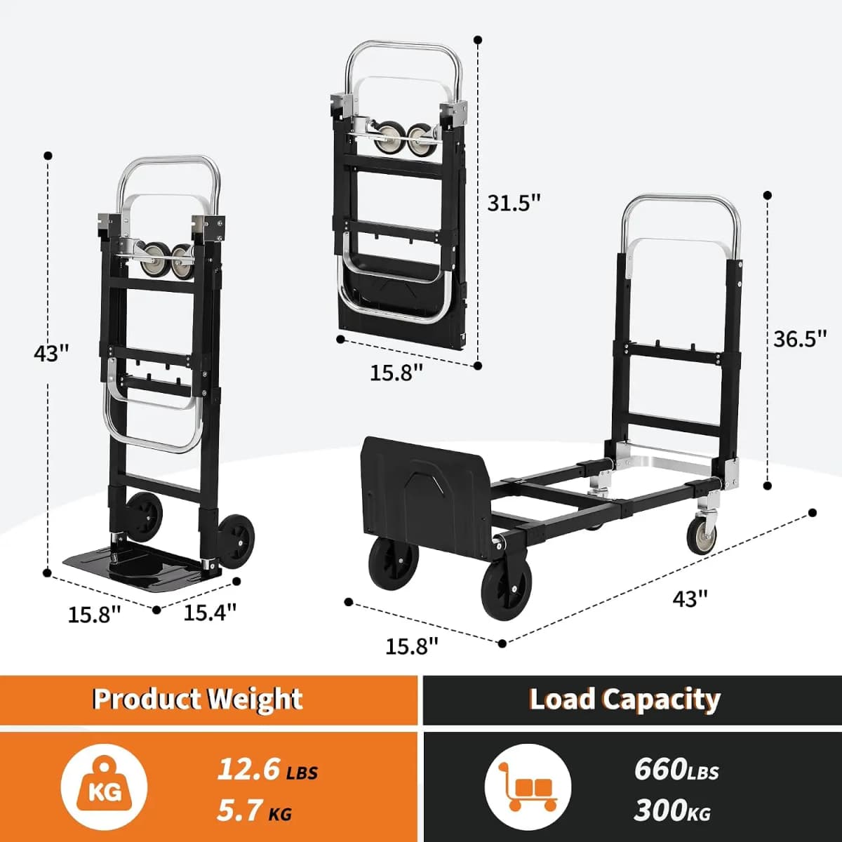 2 in 1 Folding Hand Truck with 4 Wheels and Elastic StrapsSolid Construction Utility Cart Roller Shopping for Home Warehouse Office & Moving