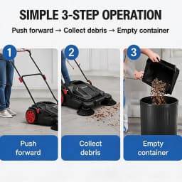 26" Hand Push Walk-Behind Sweeper, 5-Gallon Debris Container, Multi-Adjustable Folding Handle — Lifts Flattened Grass & Sweeps Debris