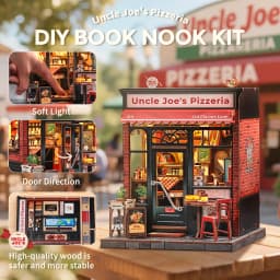 Original CUTEBEE Uncle Joe's Pizzeria Book Nook Kit DIY Miniature House Dollhouse Booknook Pizza Shop Tiny House Bookshelf Decor 3D Wooden Puzzle for Adults and Teens, DIY Craft Gifts