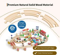 84Pcs/set Wooden Train Table Playset Multi Play Activity Table with Railway Tracks Toy Trains Bridges City Scenery & Large Storage Drawer & Natural Finish for Toddlers