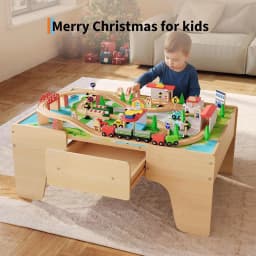 84Pcs/set Wooden Train Table Playset Multi Play Activity Table with Railway Tracks Toy Trains Bridges City Scenery & Large Storage Drawer & Natural Finish for Toddlers