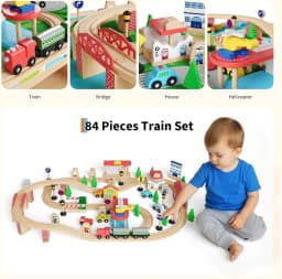 84Pcs/set Wooden Train Table Playset Multi Play Activity Table with Railway Tracks Toy Trains Bridges City Scenery & Large Storage Drawer & Natural Finish for Toddlers
