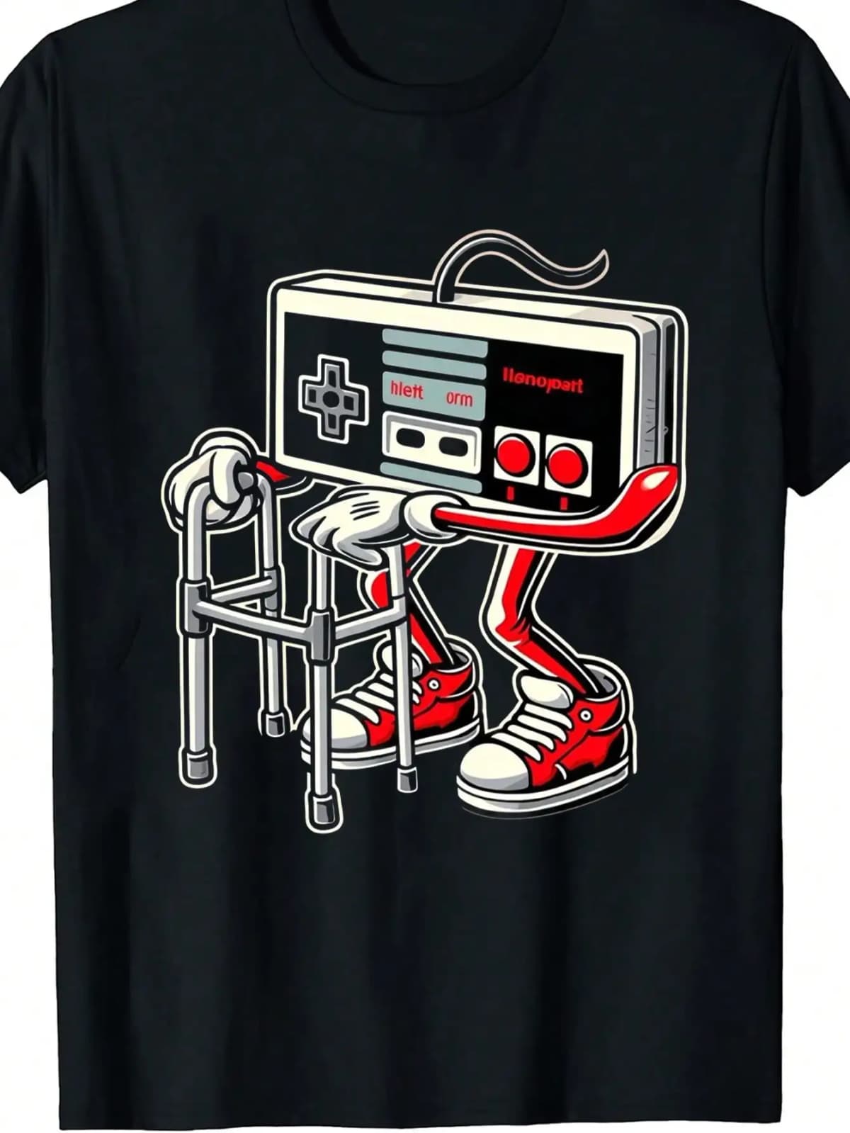 1pc Men's Retro Game Controller Print Black TShirt, Crew Neck, Casual Cotton Tee Medium Stretch Knit Fabric, Men's Regular Fit, Size
