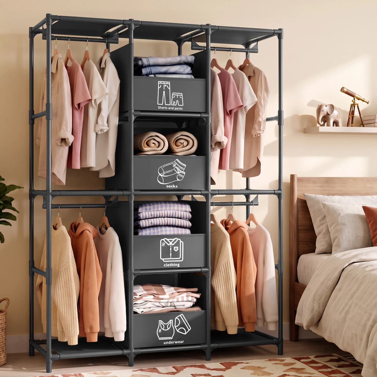 67" Freestanding Wardrobe Closet Dustproof Hanging Rods & Drawers Multi-layer Tall Heavy Duty Large Capacity Storage Rack Organizer Tool-Free Assembly for Bedroom Dorm Apartment