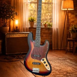 Sunset Burst Color J‑Bass Shape Style 4‑String Acoustic Guitar Alder Wood Body Electric Bass Guitar Gloss Finish Tortoiseshell Pickguard Single Coil Pickups Beginner Band Performance Wood Guitar