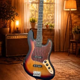 Sunset Burst Color J‑Bass Shape Style 4‑String Acoustic Guitar Alder Wood Body Electric Bass Guitar Gloss Finish Tortoiseshell Pickguard Single Coil Pickups Beginner Band Performance Wood Guitar