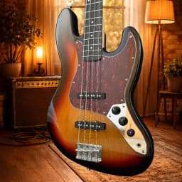 Sunset Burst Color J‑Bass Shape Style 4‑String Acoustic Guitar Alder Wood Body Electric Bass Guitar Gloss Finish Tortoiseshell Pickguard Single Coil Pickups Beginner Band Performance Wood Guitar