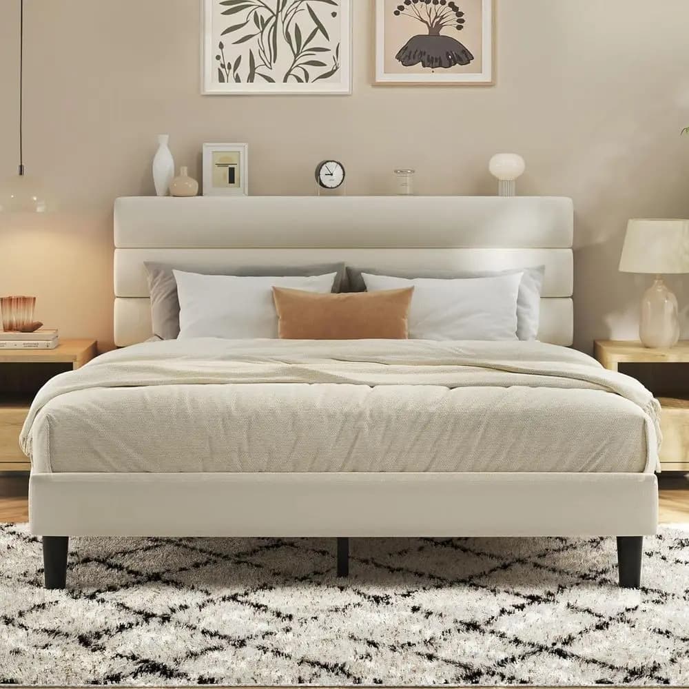 Contemporary Beige Velvet Platform Bed - No Box Spring Required, Metal Slat Support, Easy Assembly, Quiet, Modern Bedroom Furnit