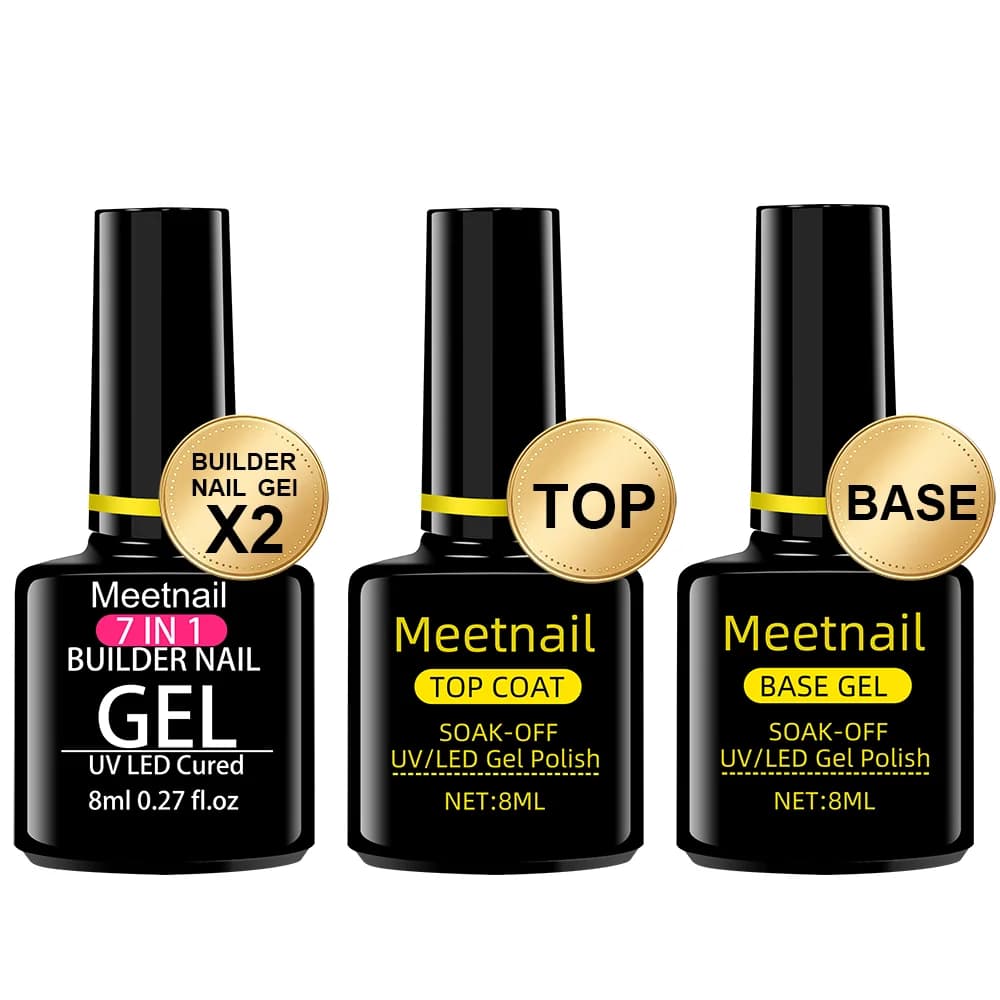 4Pcs No Wipe Gel Top Coat Builder Gel Base Coat Set, 8ml Clear Glossy UV Light Cured Nail Gel for Salon Home DIY
