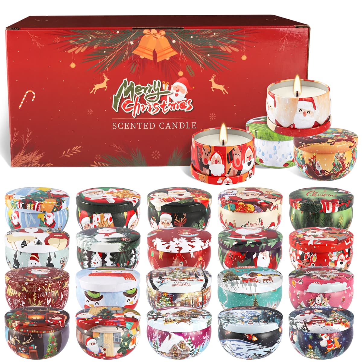 24 Christmas Scented Candles (10.6 inches x 4.8 inches) - Tin Scented Candles. A delicate gift box set, made with soy wax and essential oils. The perfect gift for Christmas, teachers, mothers, and family members.