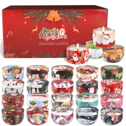 24 Christmas Scented Candles (10.6 inches x 4.8 inches) - Tin Scented Candles. A delicate gift box set, made with soy wax and essential oils. The perfect gift for Christmas, teachers, mothers, and family members.