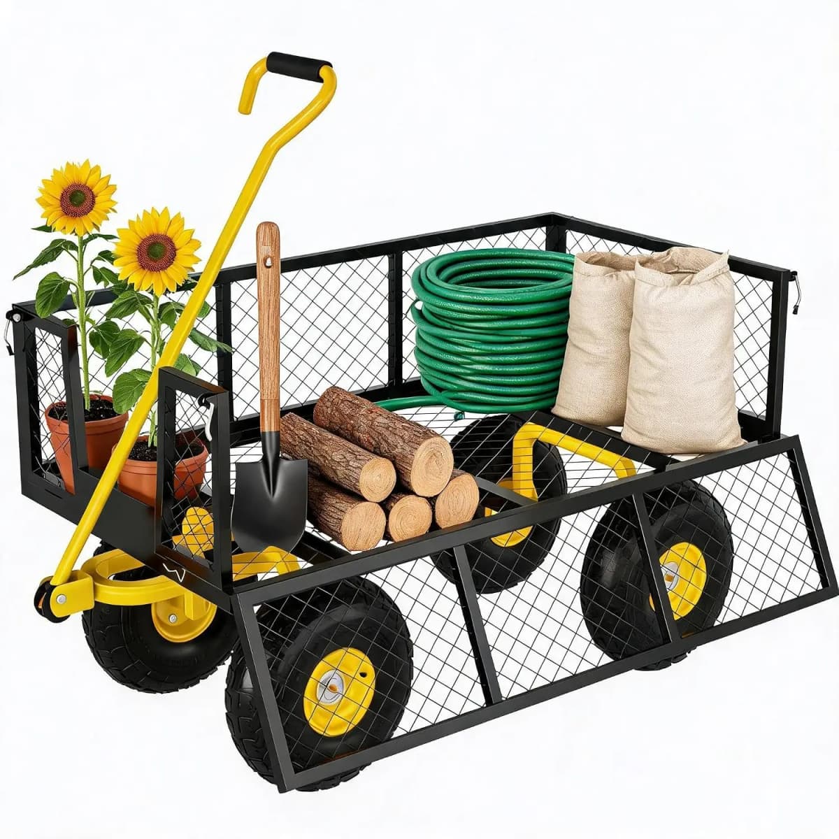 Tacleekii 900lbs Heavy Duty Steel Garden Cart Metal Outdoor Utility Yard Wagon Cart 3 in 1 Pullable Garden Wagon with 10 in Wheels 180° Flexible Handle for Gardening Soil, Tools, and Plant Transport