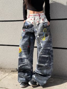 American High-Street 3D Print Design Blue Loose Jeans Y2K Street Trendy Fashion Versatile High-Waist Wide-Leg Pants