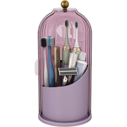 Toothbrush and Toothpaste Holders with Cover, All Pink | Waterproof and Dustproof, 360° Rotating Base, Smooth Sliding Door, 3 Slots, for Bathroom Countertop