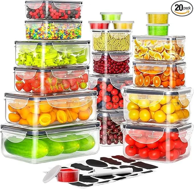 40 Pcs Airtight Food Storage Container Set 20 Clear Plastic Stackable Pantry Organizer Boxes with Lids Leakproof BPA-Free Reusable Cereal Canisters Kitchen Organization Accessories Includes Labels and Pen