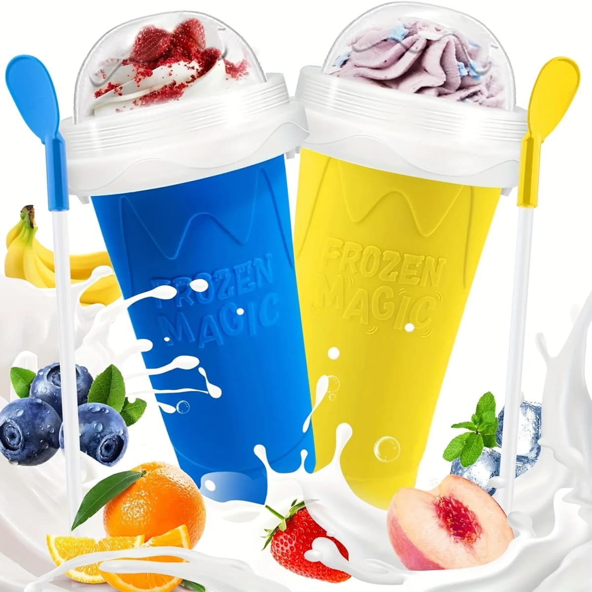 Slushie Maker Cup, DIY Magic Frozen Smoothies Cups For Homemade Milk Shake Ice Cream Maker, Cooling Cups, Double Layer Squeeze Slushy Maker Cup, Frozen Magic Squeeze Cups With Lid & Straw For Juice Milk Yogurt Smoothie, Fun Summer Frozen Ice Cup