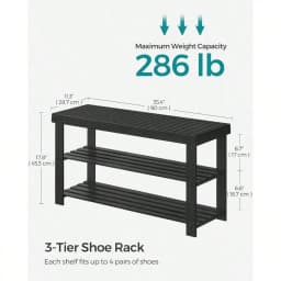 3‑Tier Bamboo Shoe Rack Bench, Entryway Shoe Storage Organizer Bench, 286 Lbs Weight Capacity, 11.3 X 27.6 X 17.8 Inches, Black, Model ULBS04H, for Entryway, Bathroom & Bedroom