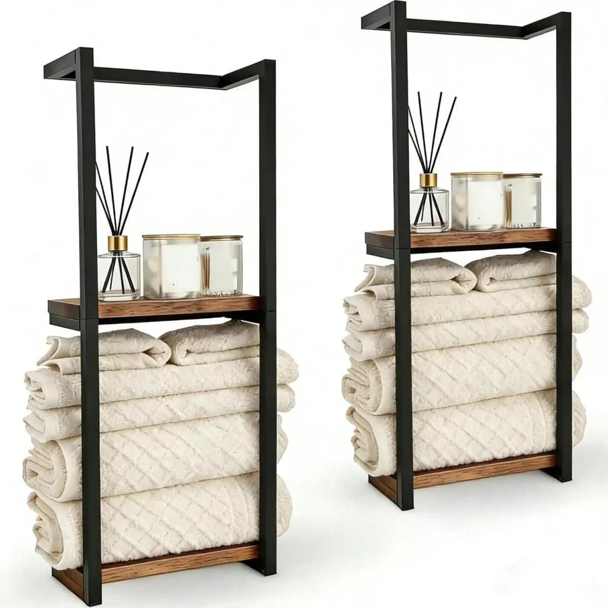 2‑Tier Wall‑Mounted Bathroom Towel Rack with Frame, Modern Metal & Wood Towel & Toiletry Storage Organizer, Elegant Wall Hanging Rack for Bathroom