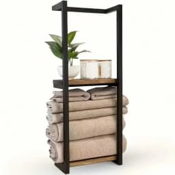 2‑Tier Wall‑Mounted Bathroom Towel Rack with Frame, Modern Metal & Wood Towel & Toiletry Storage Organizer, Elegant Wall Hanging Rack for Bathroom