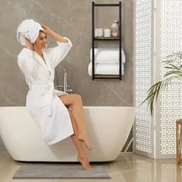 2‑Tier Wall‑Mounted Bathroom Towel Rack with Frame, Modern Metal & Wood Towel & Toiletry Storage Organizer, Elegant Wall Hanging Rack for Bathroom