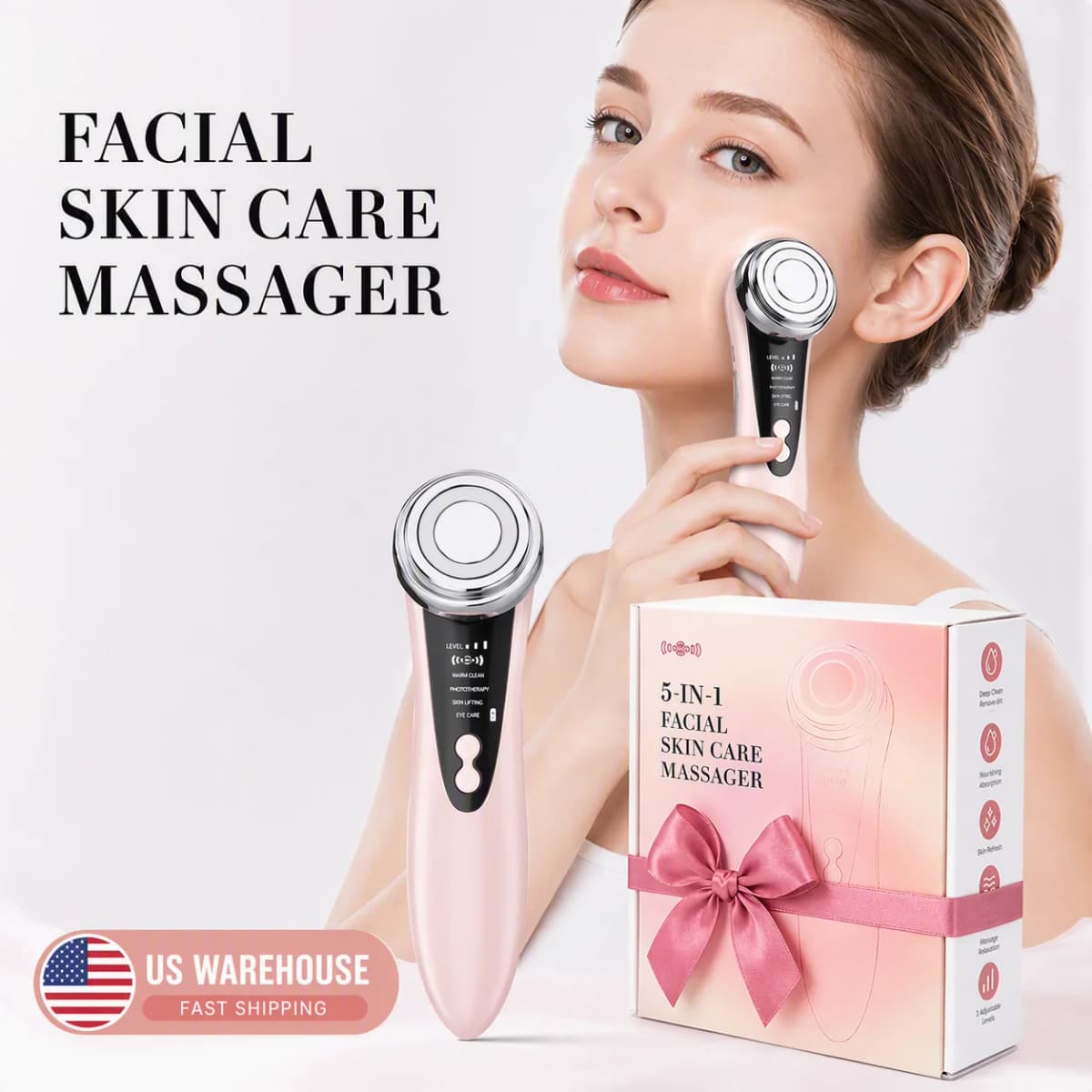 Facial Cleansing Brush 4-in-1 Beauty Device with LED Light Vibration Massage Eye Care USB Rechargeable Skincare Tool