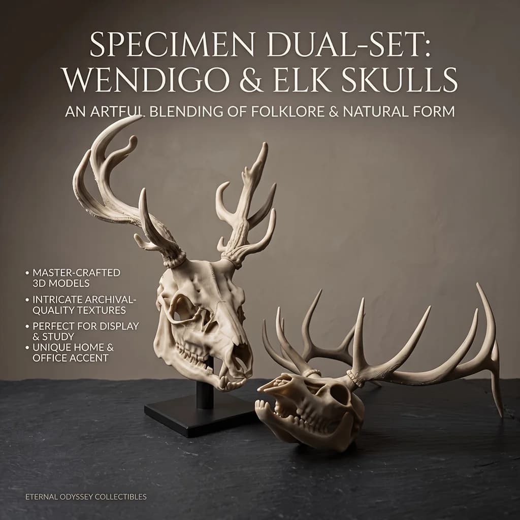 Spooky Halloween Decoration Mythological Beast & Real Elk Skull 2-Piece Statue Ornament Set, High Precision 3D Printed Folk Art Collectible, Perfect for Collection for Gothic Study Desk Decor, Quirky Humorous Holiday Gift for Skull Fans