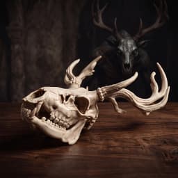 Spooky Halloween Decoration Mythological Beast & Real Elk Skull 2-Piece Statue Ornament Set, High Precision 3D Printed Folk Art Collectible, Perfect for Collection for Gothic Study Desk Decor, Quirky Humorous Holiday Gift for Skull Fans