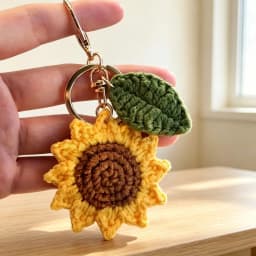 Viral Aesthetic Hand Crochet Sunflower With Leaf Keychain, Knitted Yarn Flower Bag Charm Pendant, Cute Handmade Accessory Gift
