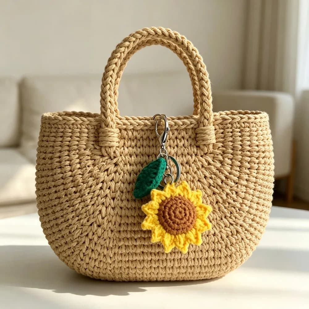 Viral Aesthetic Hand Crochet Sunflower With Leaf Keychain, Knitted Yarn Flower Bag Charm Pendant, Cute Handmade Accessory Gift