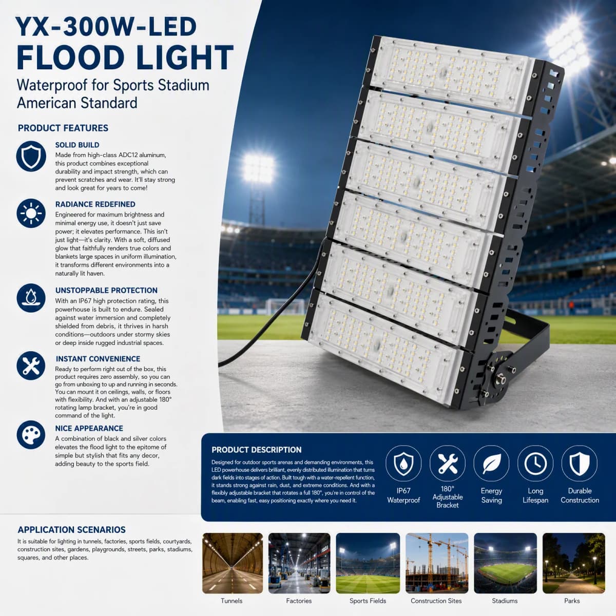 Outdoor LED Flood Light 300W IP67 Waterproof, 180° Adjustable Stadium Lighting with ADC12 Aluminum Housing, Wide Voltage 100-277V for Sports Field Factory Garden Courtyard, Silver/Black