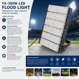 Outdoor LED Flood Light 300W IP67 Waterproof, 180° Adjustable Stadium Lighting with ADC12 Aluminum Housing, Wide Voltage 100-277V for Sports Field Factory Garden Courtyard, Silver/Black