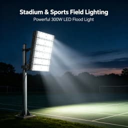 Outdoor LED Flood Light 300W IP67 Waterproof, 180° Adjustable Stadium Lighting with ADC12 Aluminum Housing, Wide Voltage 100-277V for Sports Field Factory Garden Courtyard, Silver/Black