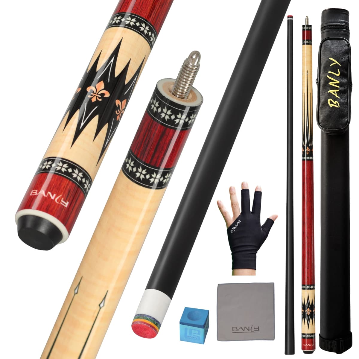Banly Professional Maple Pool Cue Stick 58", Low Deflection Billiard Cue with 12.5mm Tip, 3/8×8 Joint, Pool Stick for Adults, Cue Case, Glove, Chalk & Towel Included- Crimson Geo