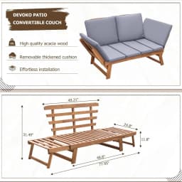 Convertible Acacia Wood Outdoor Sofa Loveseat 3-Position Adjustable Armrests Daybed 2.75 In Padded Cushions Pillows Patio Porch Balcony Pool Furniture