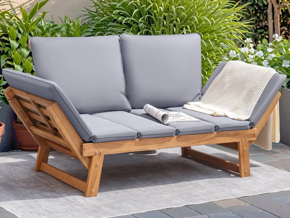 Convertible Acacia Wood Outdoor Sofa Loveseat 3-Position Adjustable Armrests Daybed 2.75 In Padded Cushions Pillows Patio Porch Balcony Pool Furniture