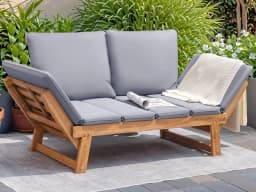 Convertible Acacia Wood Outdoor Sofa Loveseat 3-Position Adjustable Armrests Daybed 2.75 In Padded Cushions Pillows Patio Porch Balcony Pool Furniture