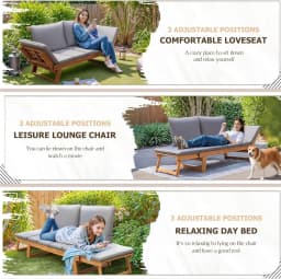 Convertible Acacia Wood Outdoor Sofa Loveseat 3-Position Adjustable Armrests Daybed 2.75 In Padded Cushions Pillows Patio Porch Balcony Pool Furniture