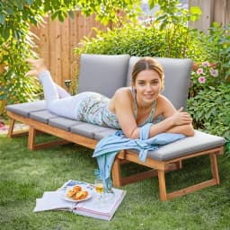 Convertible Acacia Wood Outdoor Sofa Loveseat 3-Position Adjustable Armrests Daybed 2.75 In Padded Cushions Pillows Patio Porch Balcony Pool Furniture