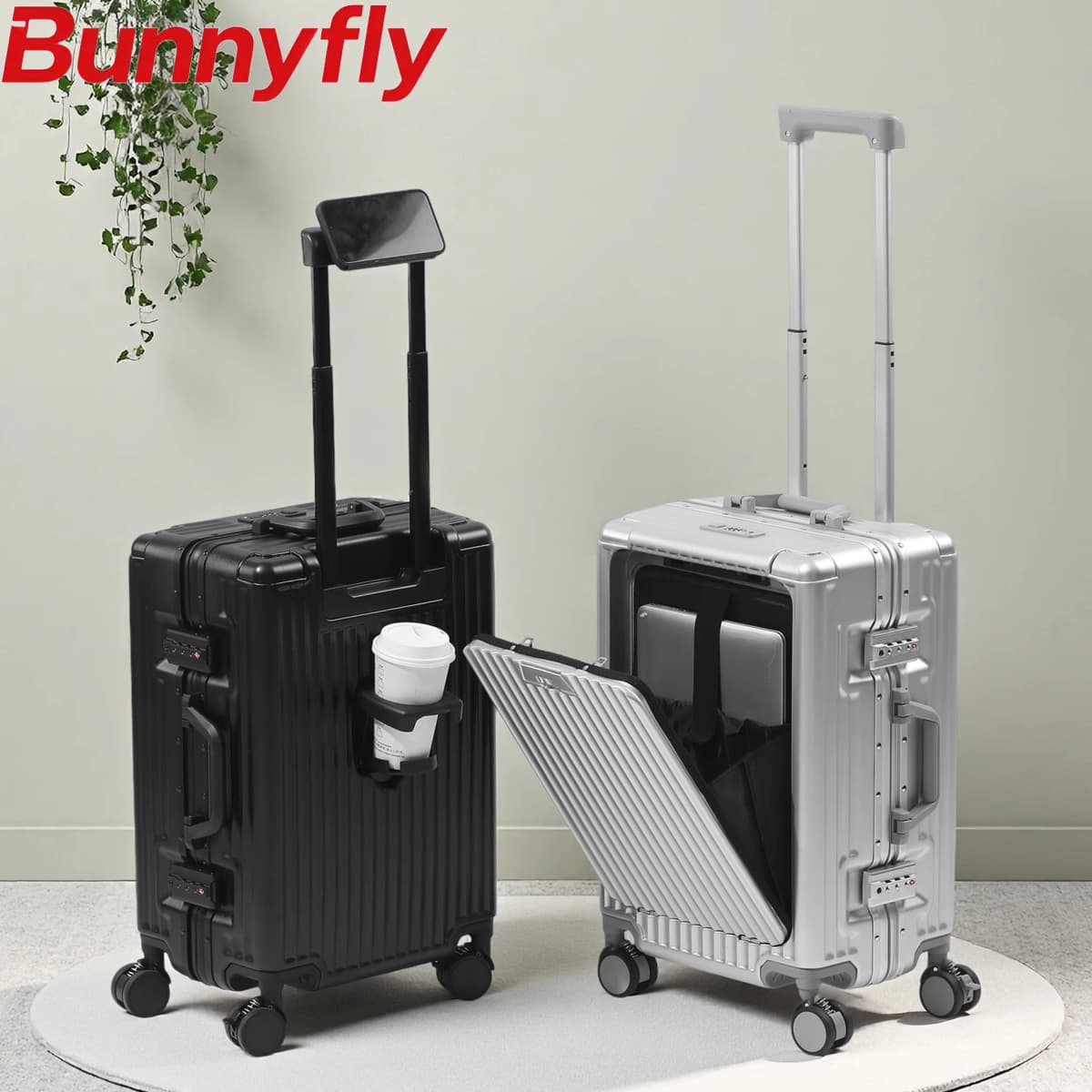 BunyFly Aluminum Frame Boarding Laptop Trolley Case 20 Inch Front Opening Suitcase Cabin Luggage Bag