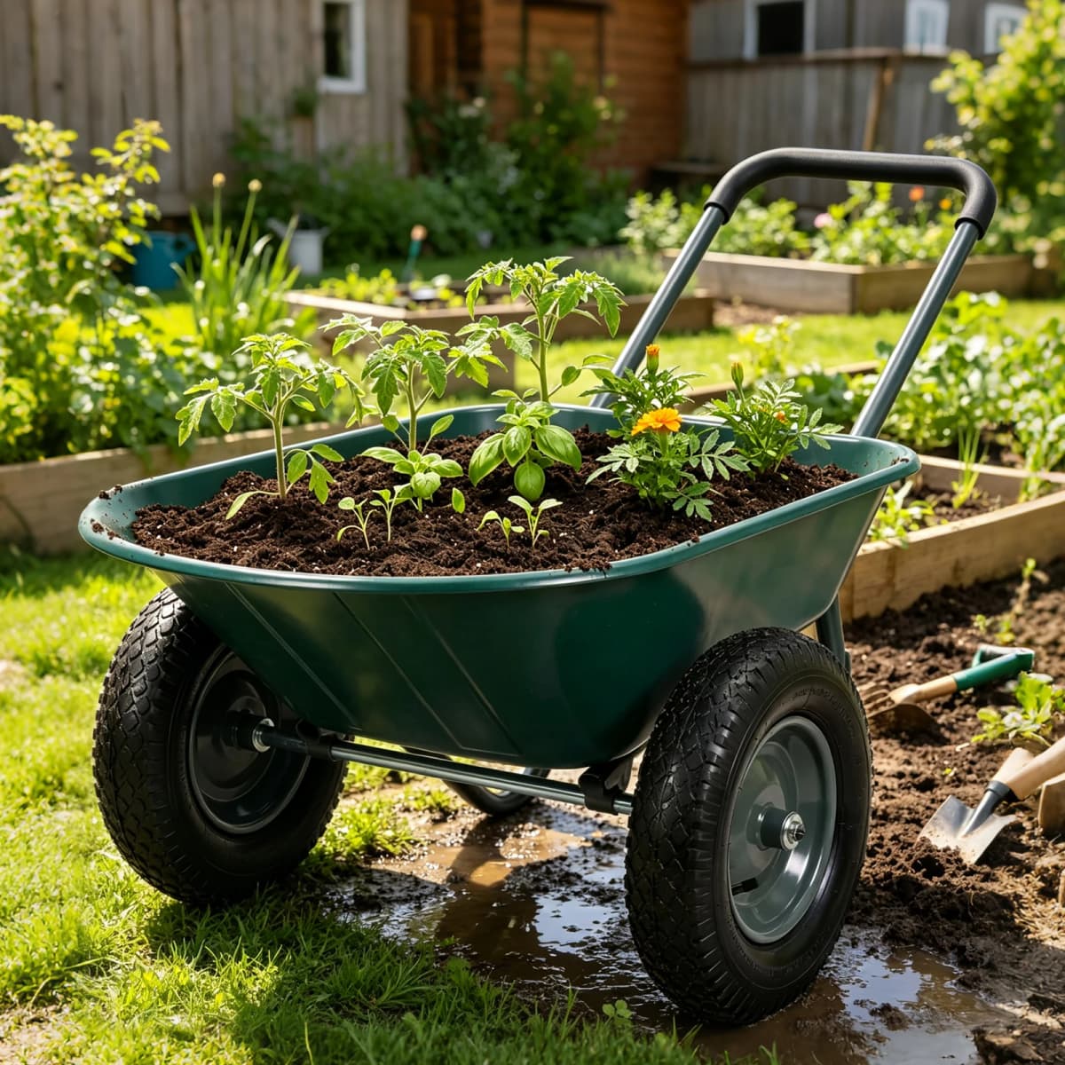 Dual-Wheel Wheelbarrow Garden Utility Cart With Dump Bed, 600 lb Capacity, 48.8 x 26 in Poly Tray, Steel Frame For Yard Lawn Farm Beach