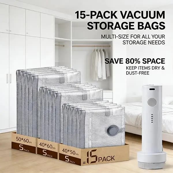 【2026 Upgraded】X7 Cordless Travel Vacuum Storage Compression Bag Set with Rechargeable air Pump 9/15 Pack Waterproof & Reusable Compression Packing Bags for 2 Size,140L/Min Powerful Air Removal,Perfect for Carry-On Suitcases,