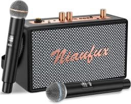 Karaoke Machine, Retro-Styled Portable Speaker with 2 Wireless Microphones, Bluetooth/AUX/USB/TF/TWS Connectivity, Home Party Entertainment for Adults and Kids, Ideal Gift for Women and Girls