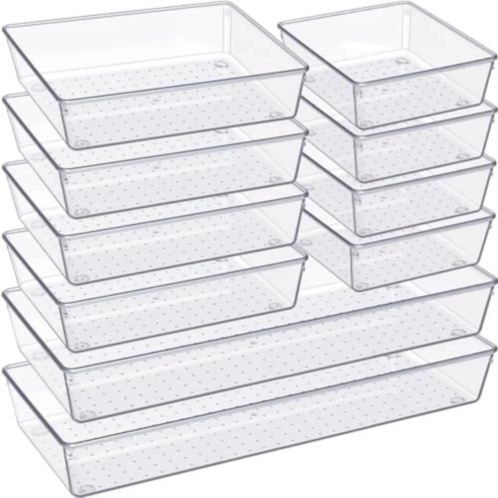 Drawer Organizer, 10 Pack Large Clear Plastic Set, 3 Size Versatile Bathroom and Vanity Organizer Trays, Storage Bins for Makeup, Bedroom, Kitchen Utensils
