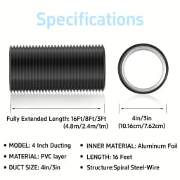 4 Inch X 3 Ft Aluminum Foil Insulated Flexible Duct, Dryer Vent Hose for HVAC Ventilation & Duct Fan Systems, Includes 2 Clamps