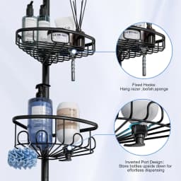 Adjustable 4 Tier Corner Shower Caddy Rustproof Stainless Steel Bathroom Organizer Shelf No Drill Punch-Free Tension Pole Rack 47-121 Inch Heavy Duty Storage with Hooks for Bathtub Shampoo Space Saving Black