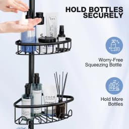 Adjustable 4 Tier Corner Shower Caddy Rustproof Stainless Steel Bathroom Organizer Shelf No Drill Punch-Free Tension Pole Rack 47-121 Inch Heavy Duty Storage with Hooks for Bathtub Shampoo Space Saving Black