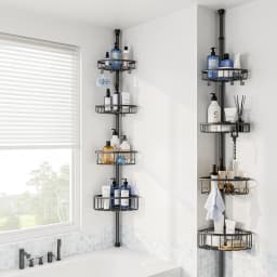 Adjustable 4 Tier Corner Shower Caddy Rustproof Stainless Steel Bathroom Organizer Shelf No Drill Punch-Free Tension Pole Rack 47-121 Inch Heavy Duty Storage with Hooks for Bathtub Shampoo Space Saving Black